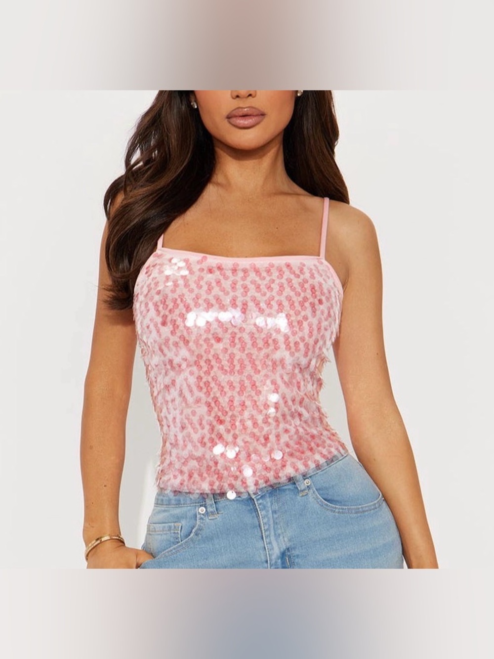 Fashion Nova Sequin Spaghetti Strap Cami Top - Pink